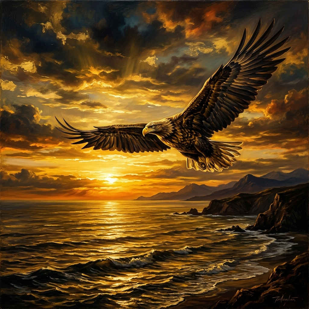 Majestic eagle soaring over golden sunset ocean